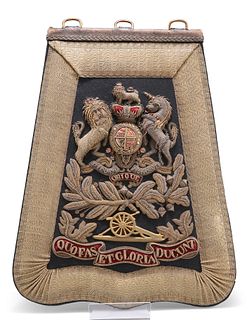 A ROYAL ARTILLERY OFFICER'S SABRETACHE, the black leather pouch with broad 