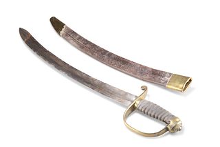 A BRASS-HILTED CUSTOMS OR POLICE HANGER, with leather and brass scabbard. 6