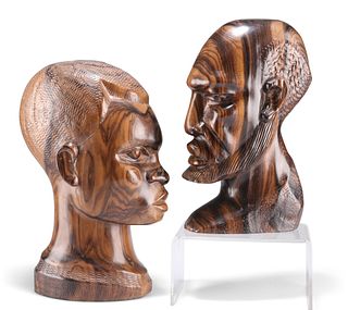 TWO AFRICAN HEAD CARVINGS, Lagos, Nigeria. (2) Tallest 27cm
