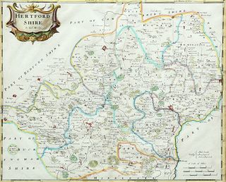 ROBERT MORDEN, HERTFORDSHIRE, a hand-coloured engraved map, framed. 37cm by