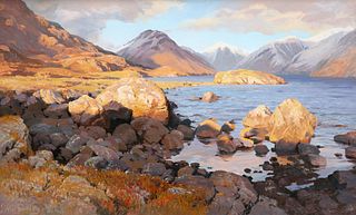 VIVIENNE POOLEY (BORN 1944), "ON THE SHORES OF WASTWATER", signed, oil on c