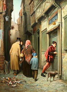 FIGURES IN A NARROW STREET, oil on canvas, in a gilt frame. 100cm by 74cm