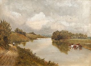 BRITISH SCHOOL (20TH CENTURY), FISHERMAN AND CATTLE IN AN EXTENSIVE LANDSCA