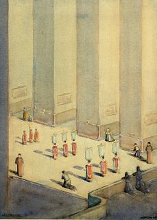 HIRST WALKER (1868-1957), PROCESSION IN A CHURCH, signed lower left, waterc