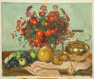 CONTINENTAL SCHOOL, STILL LIFE OF A VASE OF FLOWERS, FRUIT AND TEAPOT, indi