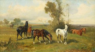 BRITISH SCHOOL (19TH CENTURY), "RESTING", HORSES IN A LANDSCAPE, indistinct
