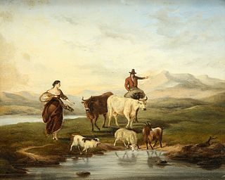 J* SIMPSON (18TH CENTURY), DROVER, MAID, COWS AND GOATS, oil on panel, fram