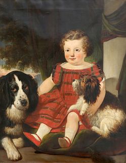 BRITISH SCHOOL (19TH CENTURY), CHILD IN PLAID DRESS WITH TWO DOGS, indistin