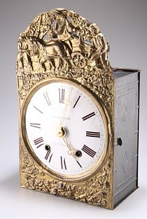 A 19TH CENTURY FRENCH COMTOISE BRASS HANGING WALL CLOCK WITH ALARM, BY CEIL