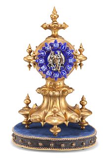 A 19TH CENTURY FRENCH GILT-BRONZE AND ENAMEL MANTEL CLOCK, in the Gothic st