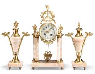 A LATE 19TH CENTURY FRENCH GILT-BRASS AND ONYX CLOCK GARNITURE, the portico
