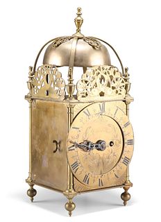 A 19TH CENTURY BRASS LANTERN CLOCK, the 6-inch dial with Roman numerals, si