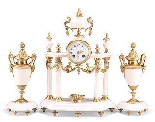 A 19TH CENTURY FRENCH GILT-METAL MOUNTED WHITE MARBLE CLOCK GARNITURE, the 