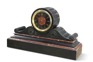 A LARGE VICTORIAN MARBLE AND SLATE MANTEL CLOCK, with two train movement, t