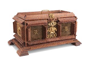 AN EARLY 20TH CENTURY TRAMP ART CASKET, of rectangular form and raised on s