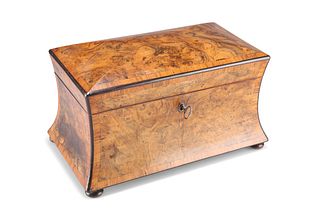 A VICTORIAN BURR WALNUT TEA CADDY, of bombe shape with domed cover, crossba