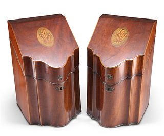 A PAIR OF GEORGE III INLAID MAHOGANY SERPENTINE KNIFE BOXES, the hinged lid