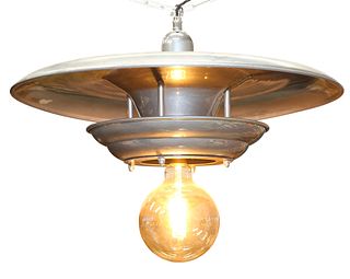 A SET OF FOUR INDUSTRIAL ALUMINIUM PENDANT CEILING LIGHTS, the broad shallo