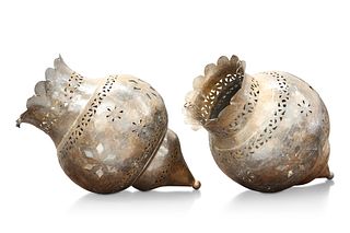 A PAIR OF MOORISH PATINATED METAL HANGING LANTERNS, each of bulbous form wi