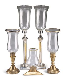 TWO PAIRS OF HURRICANE LAMPS, the taller pair with chromed brass bases, the