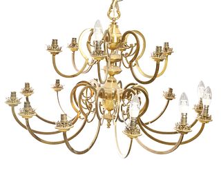 A DUTCH LARGE BRASS CHANDELIER, the two tiers of eighteen lights