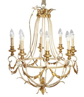 A CONTINENTAL PAINTED AND GILDED METAL CHANDELIER, fitted with eight candle