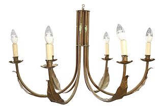 AN UNUSAL COPPER SIX-LIGHT CHANDELIER, the downswept tubular branches with 