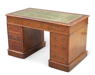 A VICTORIAN MAHOGANY PEDESTAL DESK, the moulded rectangular top with rounde