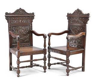 A PAIR OF 17TH CENTURY STYLE OAK WAINSCOT CHAIRS, LATE 19TH CENTURY, with c