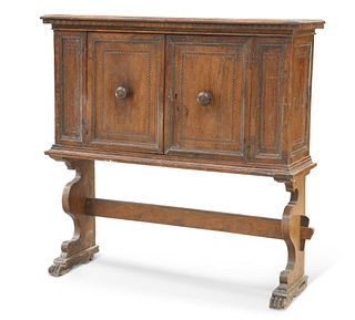 A CONTINENTAL INLAID WALNUT CABINET ON STAND, the panelled cabinet with a p