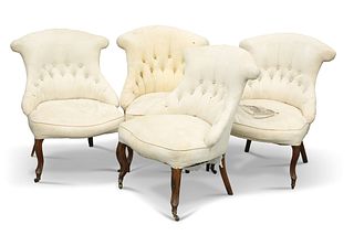 A SET OF FOUR VICTORIAN WALNUT AND UPHOLSTERED SALON CHAIRS, each with deep