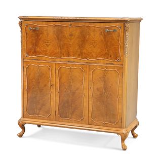 A WALNUT DRINKS CABINET, 20TH CENTURY, with fall front and hinged top above