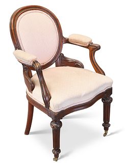A WILLIAM IV MAHOGANY OPEN ARMCHAIR, with oval upholstered back and stuffed