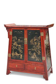 A CHINESE CHINOISERIE LACQUER CABINET, fitted with a pair of tapering panel