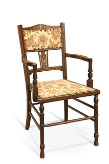 A LATE VICTORIAN INLAID ROSEWOOD OPEN ARMCHAIR, CIRCA 1890, raised on ring-