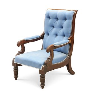 A WILLIAM IV MAHOGANY RECLINING LIBRARY CHAIR, BY R. DAWS, the scroll-form 