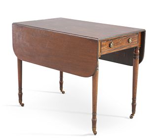 A REGENCY MAHOGANY PEMBROKE TABLE, the rectangular dropleaf top with rounde