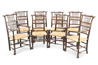 A SET OF EIGHT ELM AND RUSH SEATED DINING CHAIRS, CHESHIRE REGION, CIRCA 18