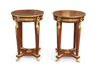 A PAIR OF EMPIRE STYLE BRASS-MOUNTED MAHOGANY GUÉRIDONS, of characteristic 