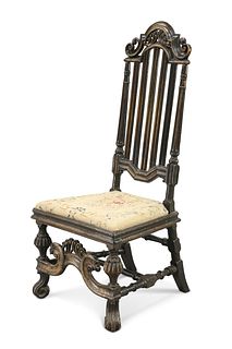 A 17TH CENTURY STYLE HIGH-BACK SIDE CHAIR, with pierced scrolling crest and