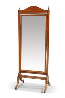 AN EDWARDIAN SATINWOOD INLAID MAHOGANY CHEVAL MIRROR, with arched crest and