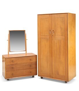 A VINTAGE ERCOL TWO-DOOR WARDROBE AND DRESSING CHEST, the wardrobe with rec