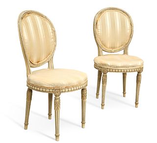 A PAIR OF LOUIS XV STYLE SALON CHAIRS, each with oval upholstered panel bac