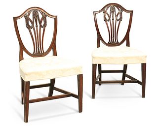 A PAIR OF HEPPLEWHITE STYLE MAHOGANY SIDE CHAIRS, each with shield-back and