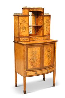A SHERATON STYLE INLAID SATINWOOD SIDE CABINET, LATE 19TH CENTURY, the uppe