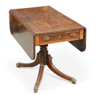 A REGENCY INLAID MAHOGANY DROPLEAF BREAKFAST TABLE, the rounded rectangular