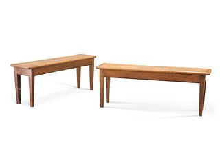 A PAIR OF EARLY 20TH CENTURY OAK BENCHES, with square-section tapering legs