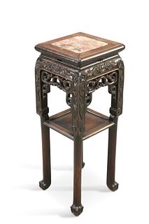 A 19TH CENTURY CHINESE MARBLE-INSET HARDWOOD PLANTSTAND, with square top, c