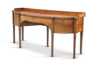 A GEORGE III INLAID MAHOGANY BOW-FRONT SIDEBOARD, fitted with two drawers a