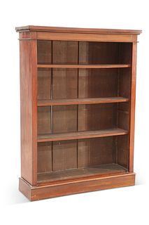 A VICTORIAN MAHOGANY OPEN BOOKCASE, with three adjustable shelves, raised o